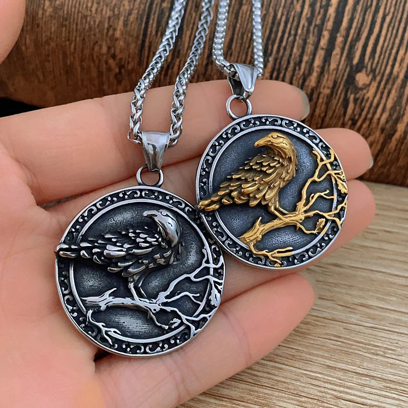 Norse Mythology Viking Crow Necklace Stainless Steel Men Odin Raven Gold Color Slavic Rune Vegvisir Pendant Chain Amulet Jewelry