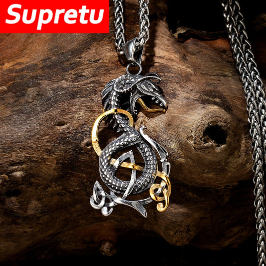 Domineering Vikings Dragon Necklaces Men Stainless Steel Norse Mythology Jormungand Amulet Vintage Animals Pendant Charm Jewelry