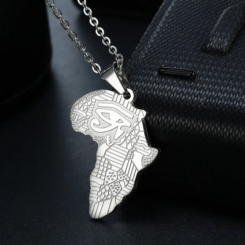 Stainless Steel Ancient Egyptian Symbol Protection Necklace Gift Eye of Horus Necklaces Africa Map Pendant for Men Boy