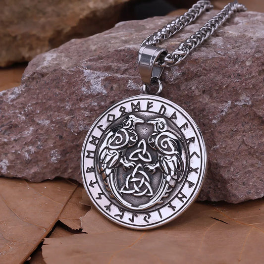 Nordic Mythology Odin Raven Celtic Knot Necklace Ancient Script Helmet of Awe Pendant Vikings Men Stainless Steel Jewelry