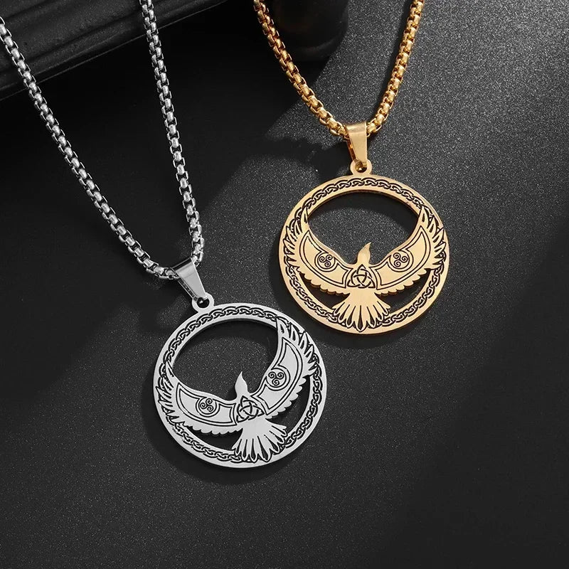 Retro Stainless Steel Nordic Mythology Odin Crow Eagle Celtic Knot Pendant Necklace Men's Personalized Punk Trend Lucky Jewelry