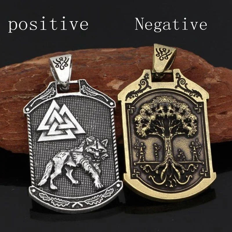 Vintage Viking Celtic Wolf Oding Logo Square Pendant Necklace Men's Nordic Mythological World Tree Animal Totems Talisman Chains