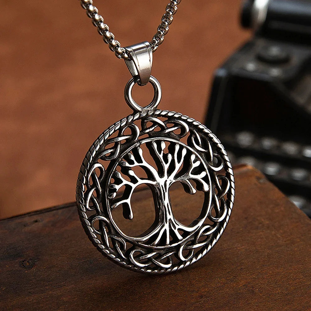 Vintage Stainless Steel Tree of Life Pendant Nordic Mythology Odin Celtics Knot Necklace Men's Chain Fashion Viking Jewelry Gift