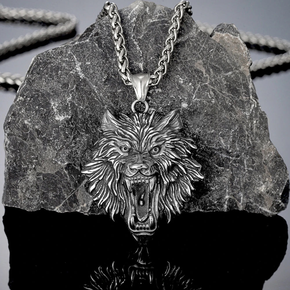 Vintage Norse Runes Odin's Wolf Necklaces Men Punk Stainless Steel Vikings Wolf Head Pendant Amulet Scandinavian Jewelry Gifts