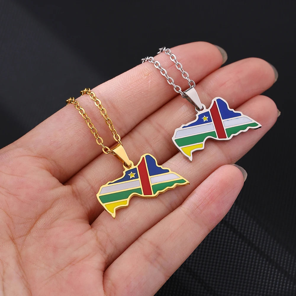 Central Africa Map Flag Pendant Necklace Stainless Steel Gold/Silvre Color Men Women Country Map Jewelry Gift