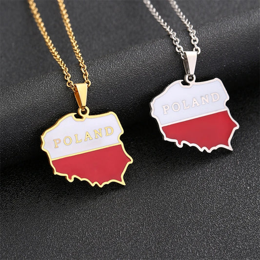 Fashion Poland Map Flag Pendant Necklace Stainless Steel Gold Steel Color Polska Men Women Country Map Jewelry Patriotic Gift