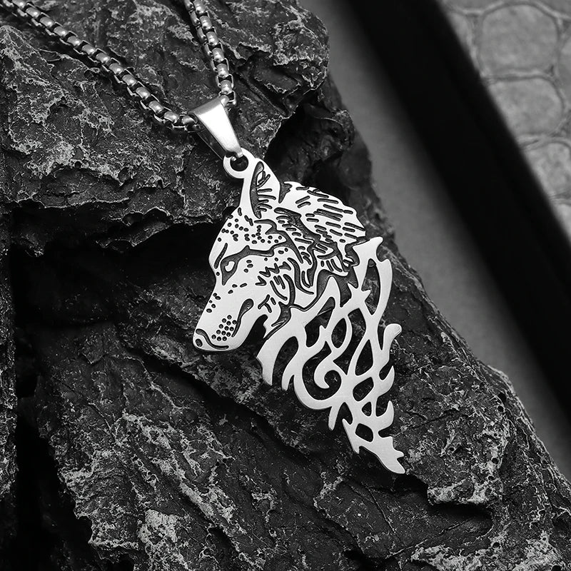 Nordic Mythology Celtic Animal Wolf Head Stainless Steel Pendant Necklace Men's Punk Personality Casual Charm Jewelry