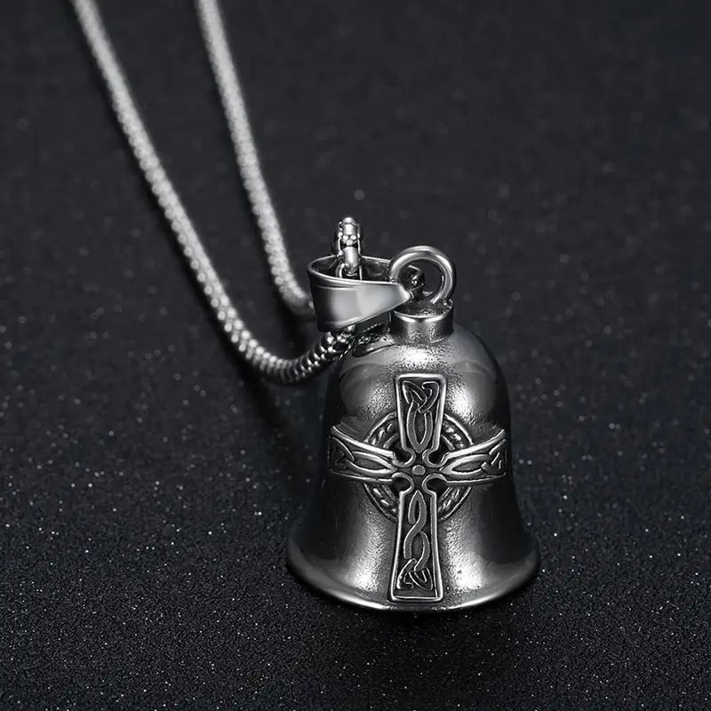 Nordic Mythology Irish Celtic Knot Cross Bell Pendant Necklace Men's Punk Motorcycle Riding Rock Fashion Jewelry