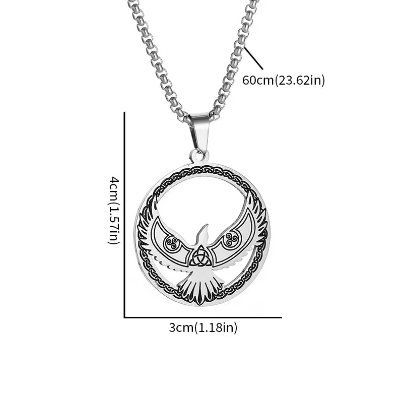 Retro Stainless Steel Nordic Mythology Odin Crow Eagle Celtic Knot Pendant Necklace Men's Personalized Punk Trend Lucky Jewelry