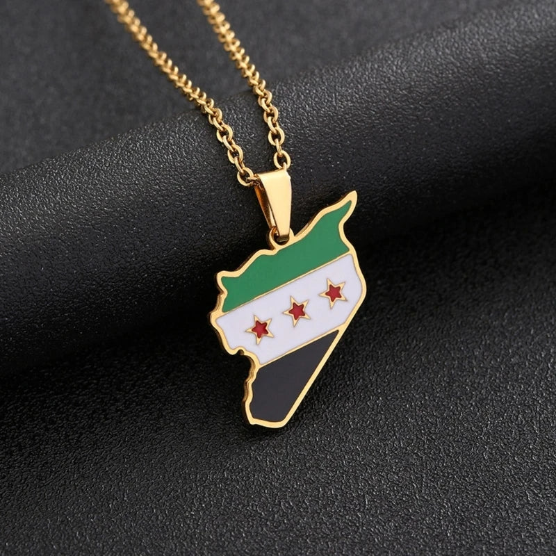 Q0KE Unisex Syria Country Map Pendant Necklace Gold Silver Color Chain Choker Necklace Jewelry Christmas Party Ornament