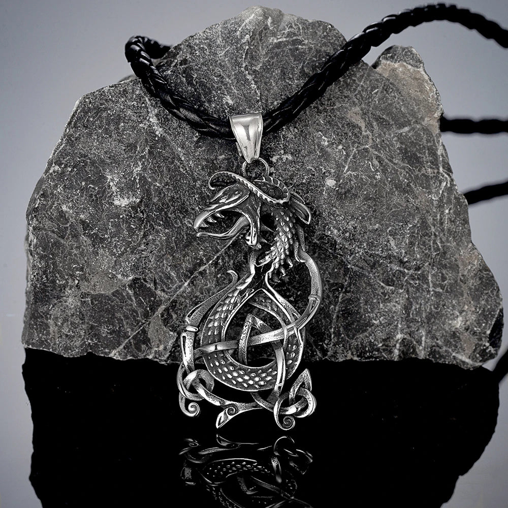 Domineering Vikings Dragon Necklaces Men Stainless Steel Norse Mythology Jormungand Amulet Vintage Animals Pendant Charm Jewelry