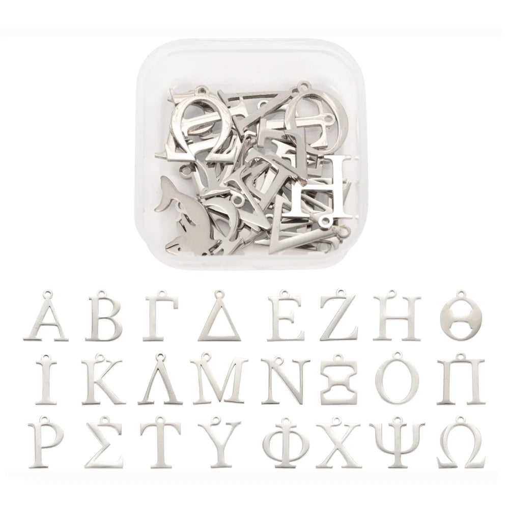 24pcs/Box 304 Stainless Steel Greek Alphabet Charms Lettter Pendant for Jewelry Making DIY Earring Necklace Findings Accessories