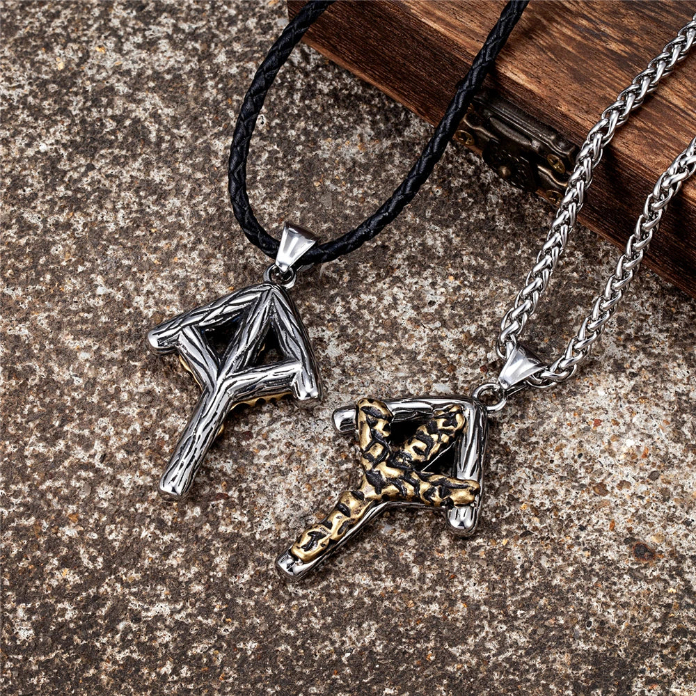 Viking Runes Algiz Necklace Men Norse Pagan Amulet Defence Corss Pendant Stainless Steel Genuine Leather Rope Charm Jewelry Gift