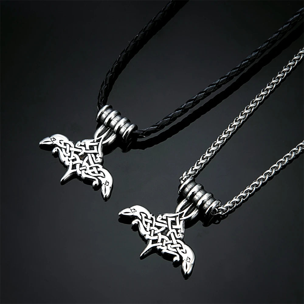 Punk Norse Mythology Huginn Muninn Necklaces Men Vintage Vikings Double-sided Odin's Crow Pendant Stainless Steel Jewelry Gifts