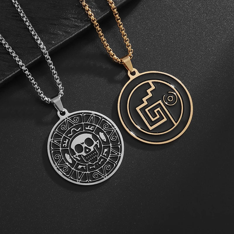 Retro Stainless Steel Pirates of The Caribbean Aztec Gold Coin Pendant Necklace Men's Personalized Punk Hip-Hop Cool Jewelry