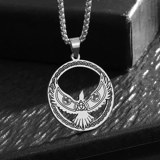 Retro Stainless Steel Nordic Mythology Odin Crow Eagle Celtic Knot Pendant Necklace Men's Personalized Punk Trend Lucky Jewelry