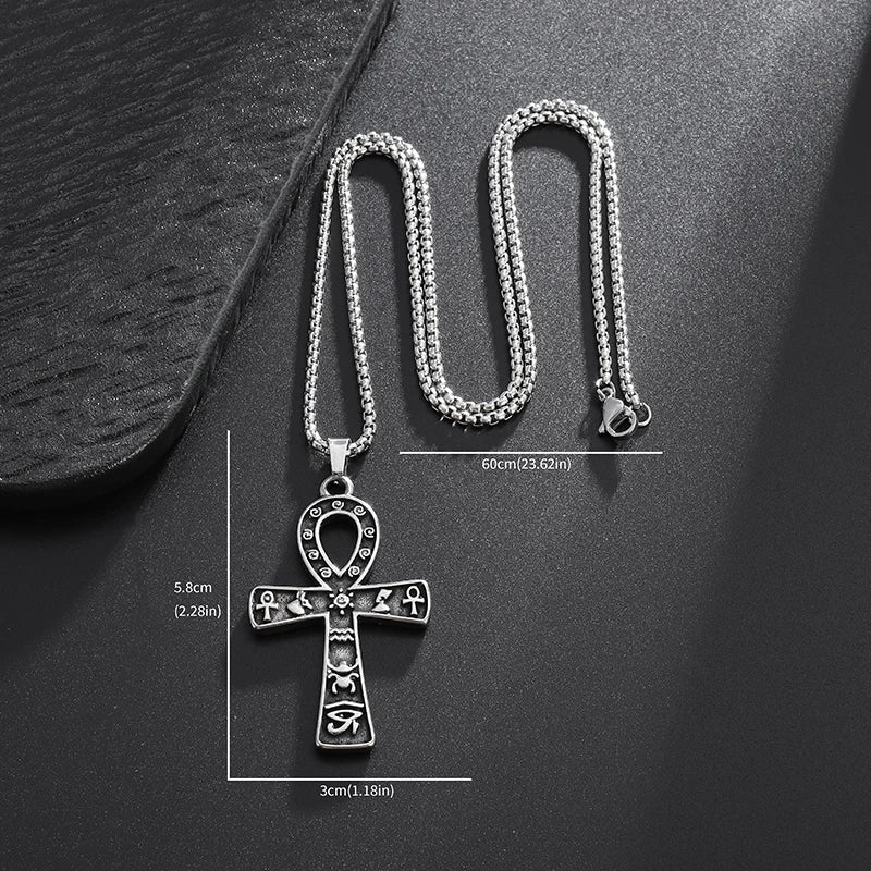 Ancient Egyptian Symbol Ankh Eye of Horus Cross Pendant Stainless Steel Necklace for Men Women Prayer Amulet Jewelry Gift