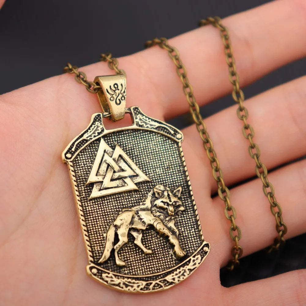 Vintage Viking Celtic Wolf Oding Logo Square Pendant Necklace Men's Nordic Mythological World Tree Animal Totems Talisman Chains