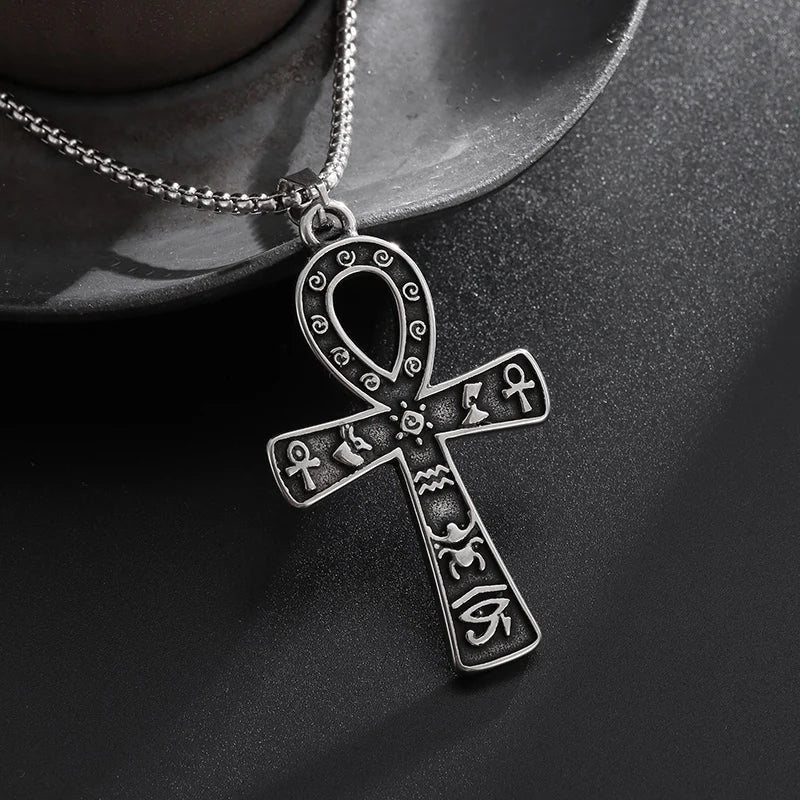 Ancient Egyptian Symbol Ankh Eye of Horus Cross Pendant Stainless Steel Necklace for Men Women Prayer Amulet Jewelry Gift