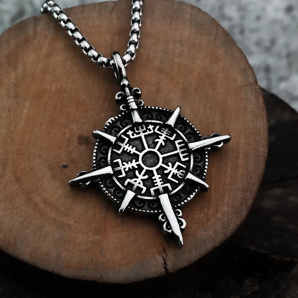 Retro Norse Mythology Pirate Compass Necklace Men's Punk Personality Trendy Cool Jewelry