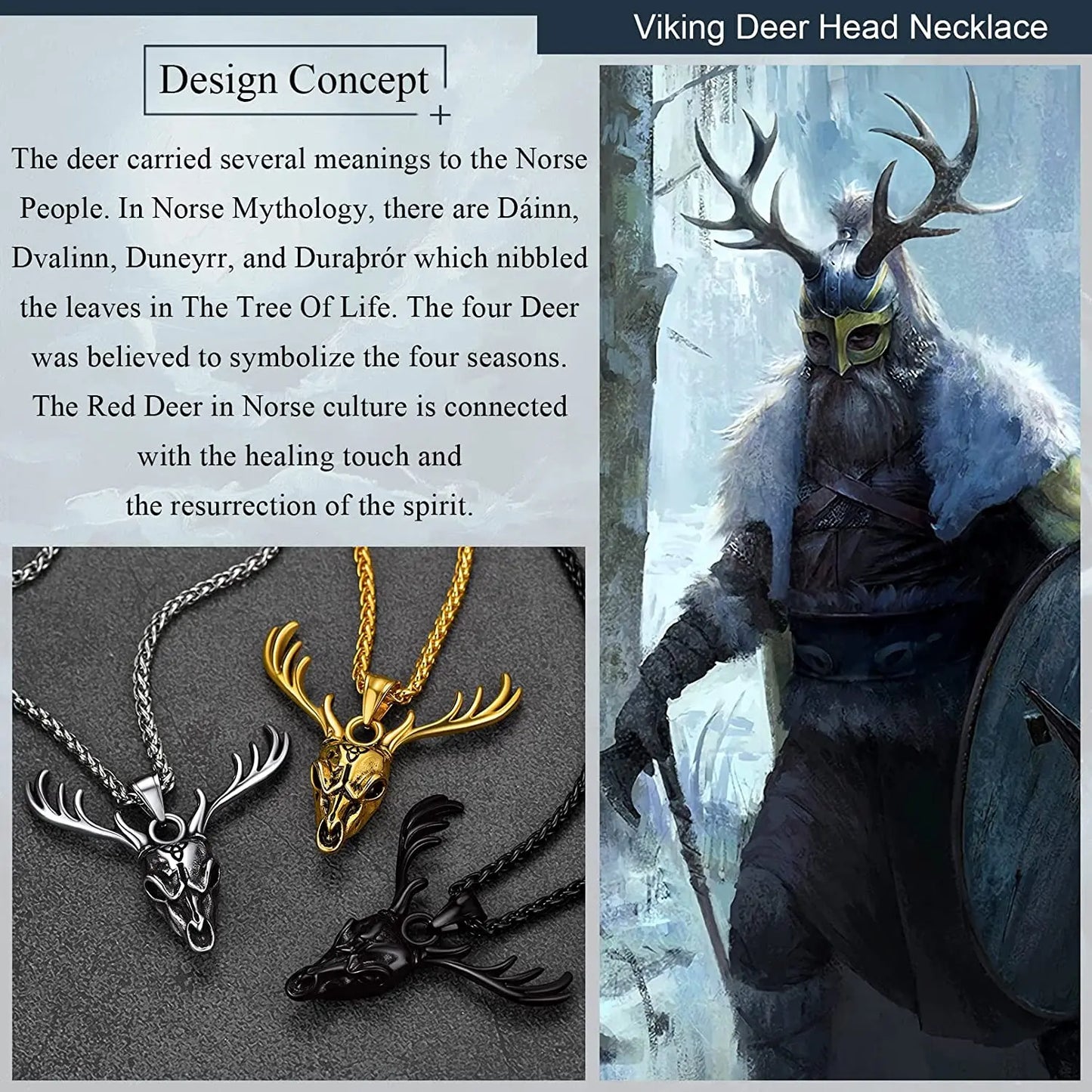 ChainsPro Celtic Mythology Viking Deer Antler Pendant Necklace for Men Women, Stainless Steel/14K Gold Plated CP784