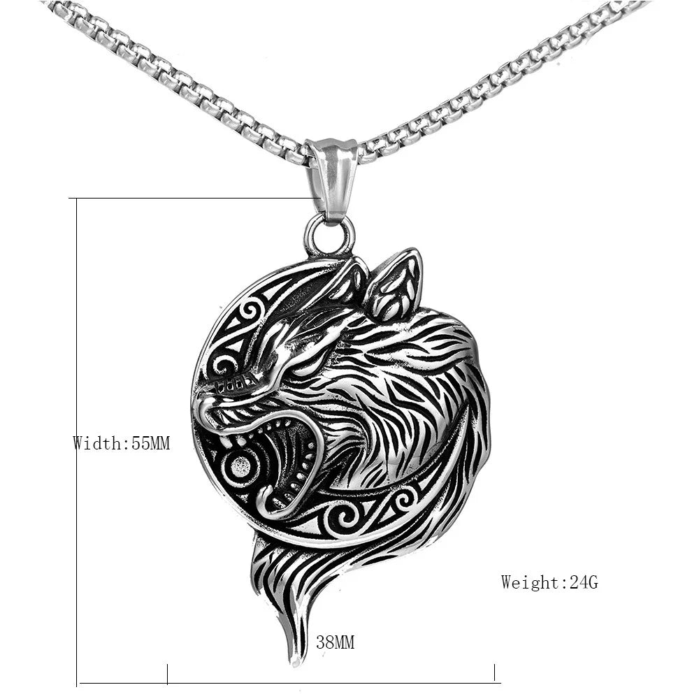 Retro Norse Mythology Celtic Ferocious Wolf Animal Pendant Necklace Men's Motorcycle Riding Rock Jewelry