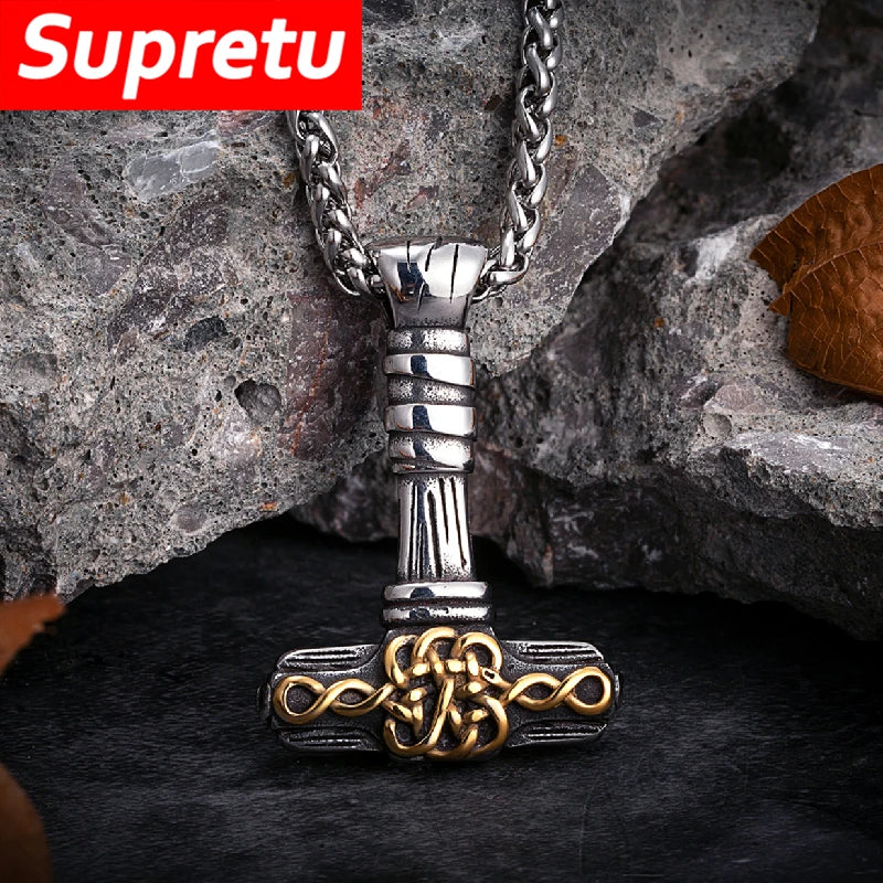 Never Fade Viking Thors Hammer Necklace Norse Runes Celtic Knot Pendant Vegvisir Amulet Men Stainless Steel Self-defense Jewelry