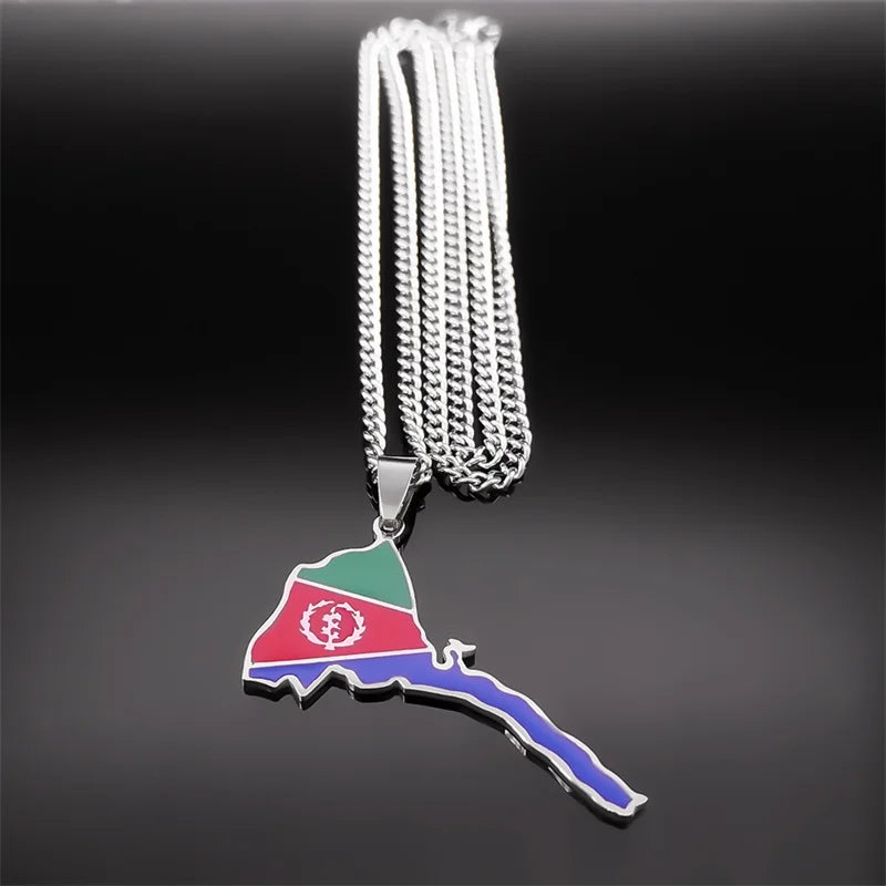 Eritrea Flag Map of Eritrean Country Necklace Women Men Stainless Steel Silver Color Pendant African Necklaces Jewelry