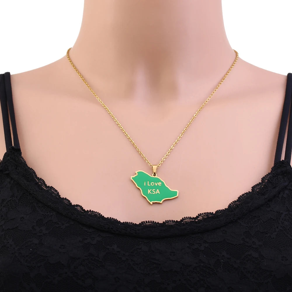 Kingdom of Saudi Arabia Map Flag Pendant Necklace Stainless Steel Men Women Gold/Silver Color Country Map Jewelry اليوم الوطGift