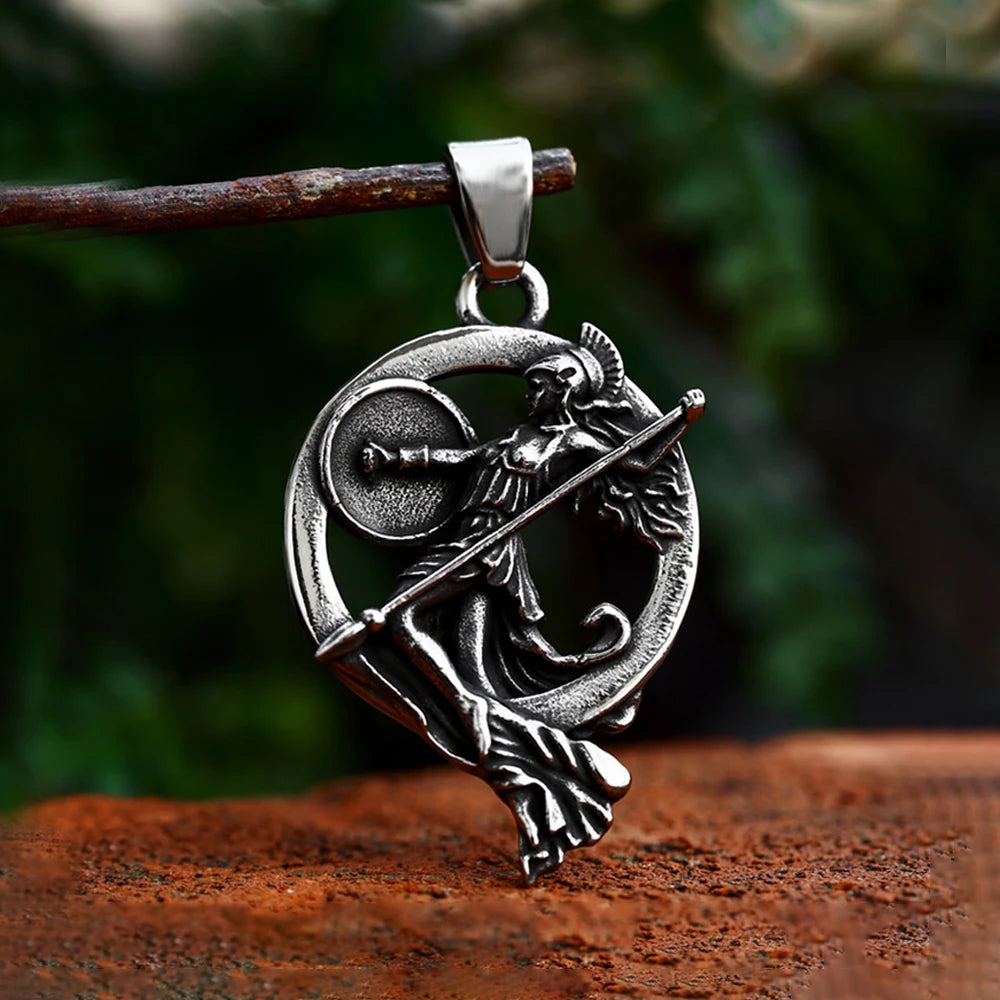 Fashion Retro Stainless Steel Athena Greek Goddess Pendant Punk Men Woman Motorcycle Amulet Necklace Jewelry Gift Wholesale