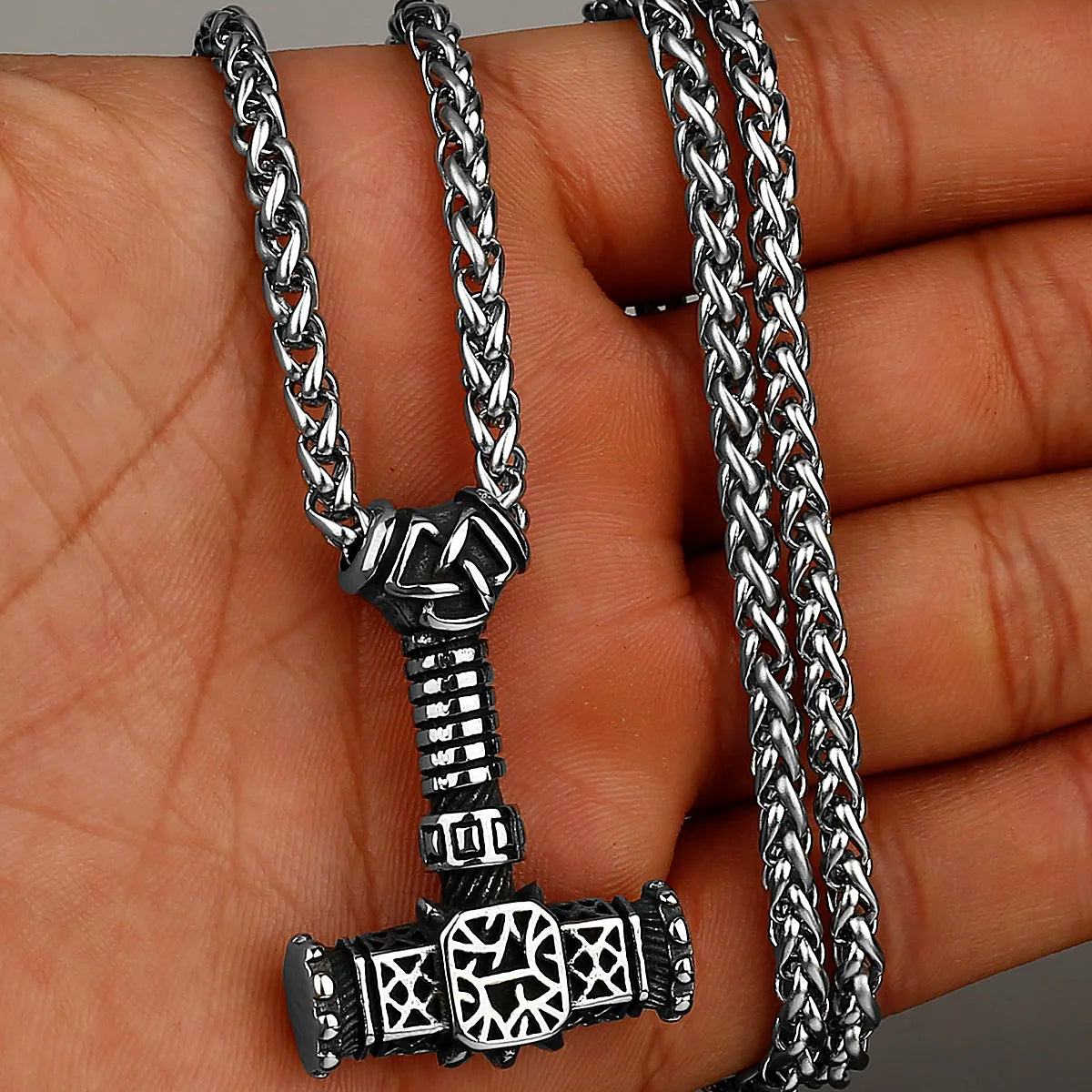 Viking retro temperament Thor's hammer Mjolnir and Valknut runes men's amulet stainless steel pendant necklace jewelry gift