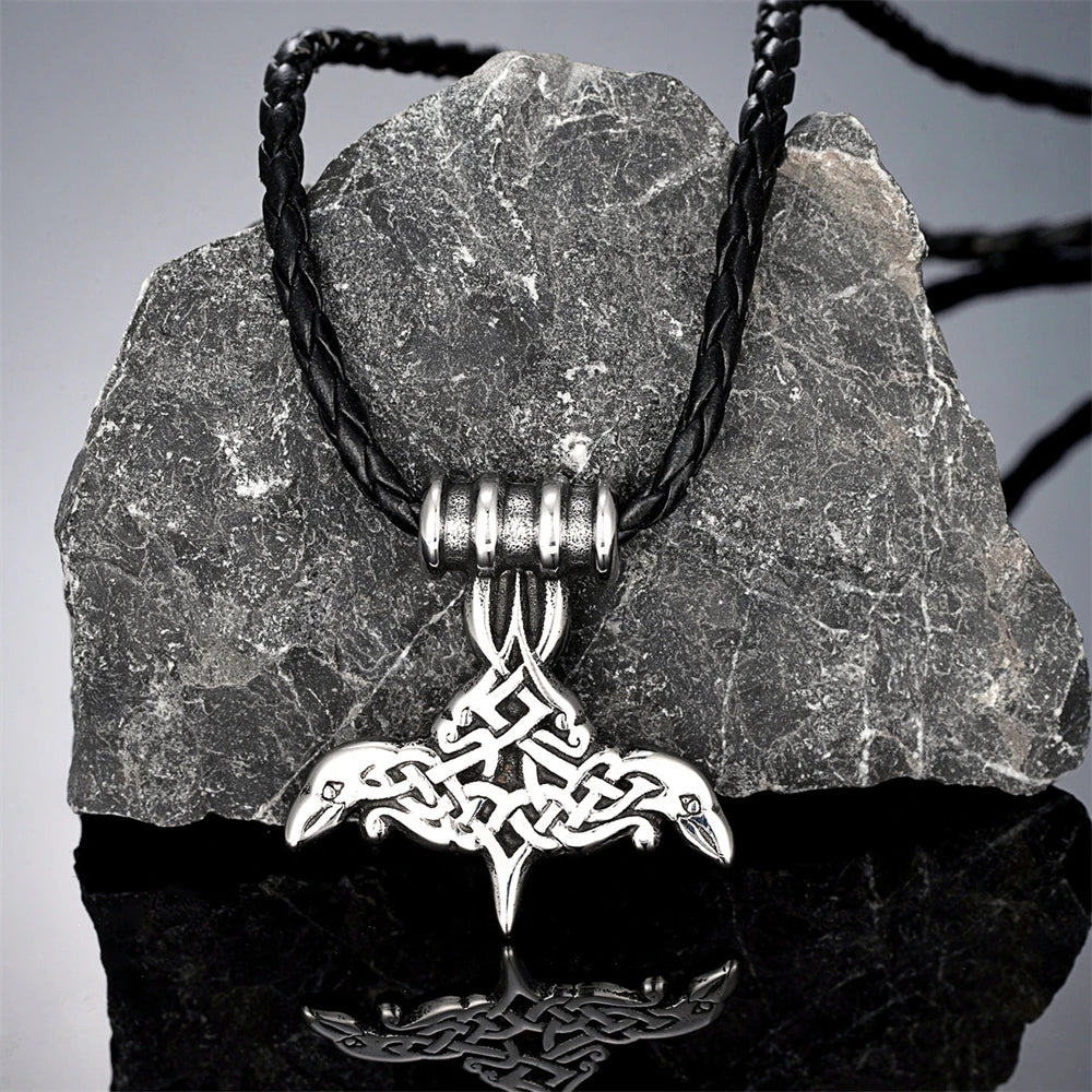 Punk Norse Mythology Huginn Muninn Necklaces Men Vintage Vikings Double-sided Odin's Crow Pendant Stainless Steel Jewelry Gifts