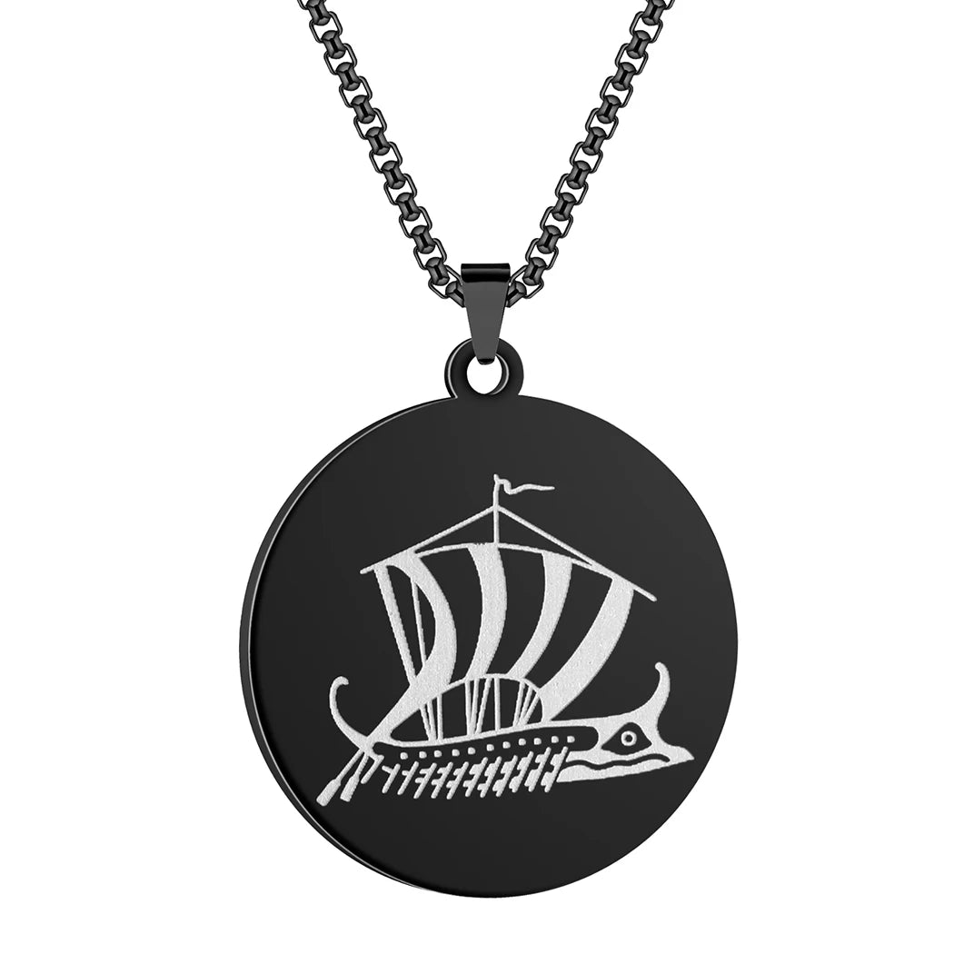 QIMING Ancient Greek Trireme Ship Pendant Necklace For Men Stainless Steel Jewelry Round Boat Vintage Necklace