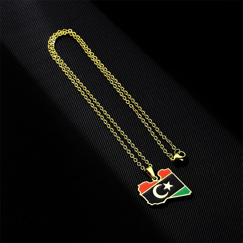 Fashion Libya Map Flag Pendant Necklace for Women Men Gold Color Jewelry Libya Country Map Charms Jewelry Ethnic for Women Men