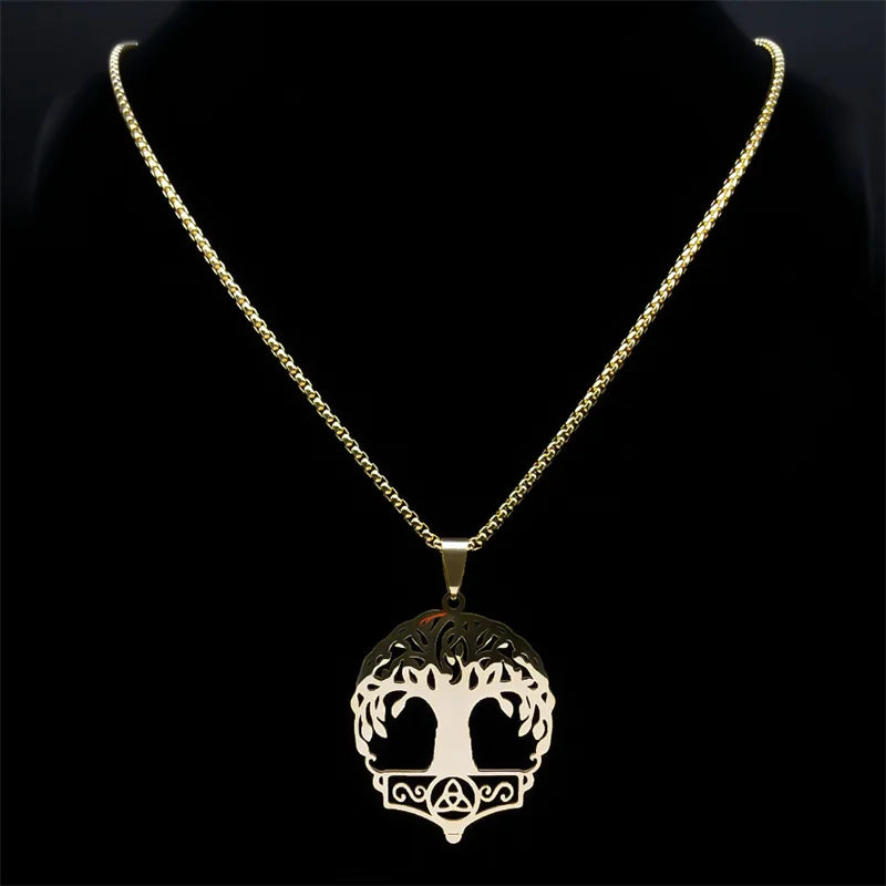 Viking Tree Of Life Celtic Knot Necklace for Women Men Stainless Steel Gold Color Mythology Chain Necklaces Jewelry colar N8071