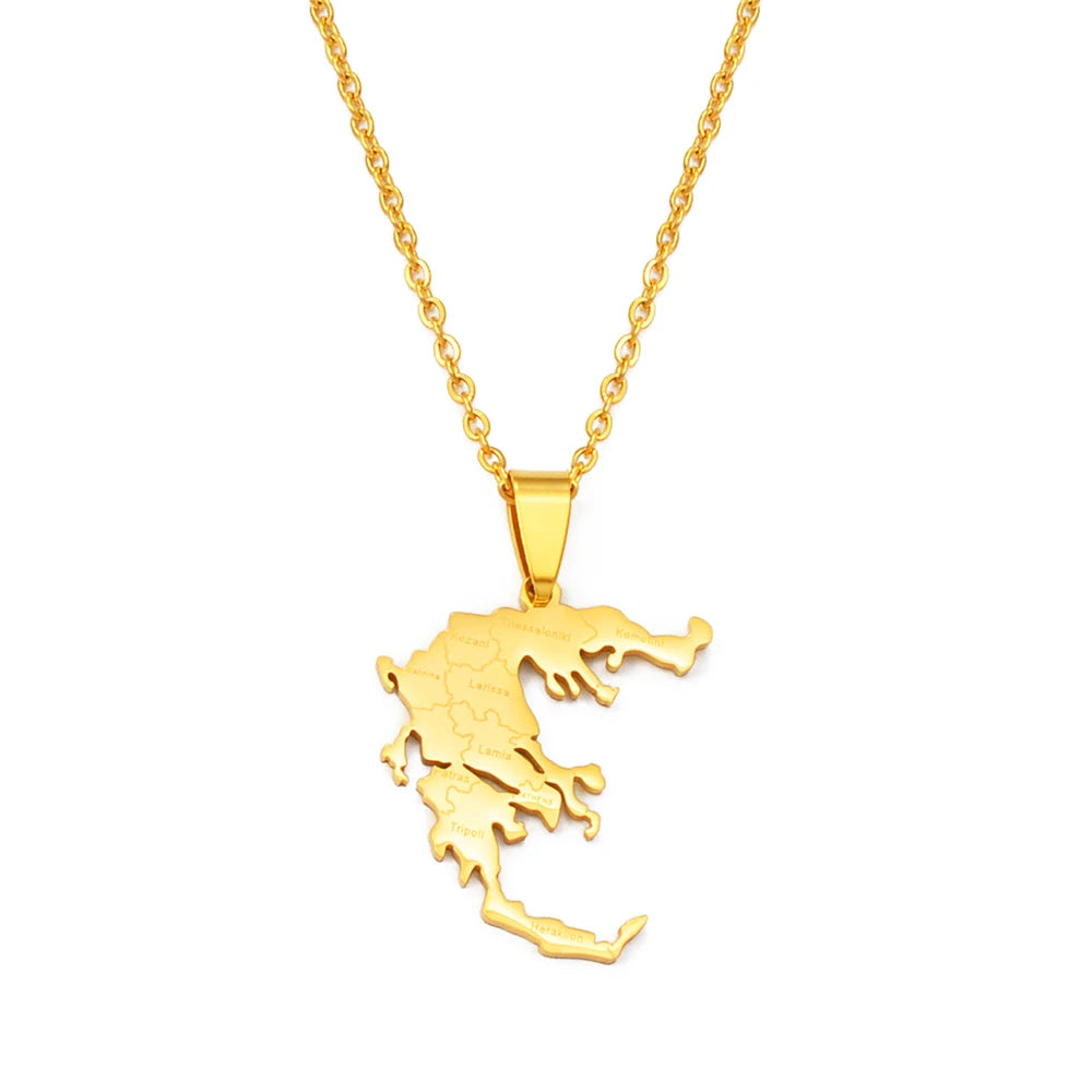 Anniyo Greece Map With Cities Name Pendants Necklaces Women Men Silver Color/Gold Color Greek Jewelry Patriotic  #297921