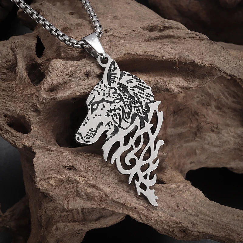 Nordic Mythology Celtic Animal Wolf Head Stainless Steel Pendant Necklace Men's Punk Personality Casual Charm Jewelry