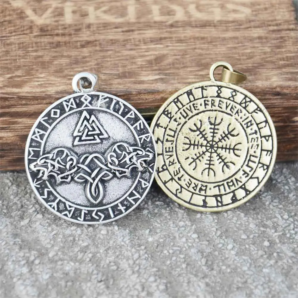 Nostalgia Viking Wolves Knotted Valknut Vegvisir Runes Jewelry Wolf Pendant Necklace Scandinavian Amulet