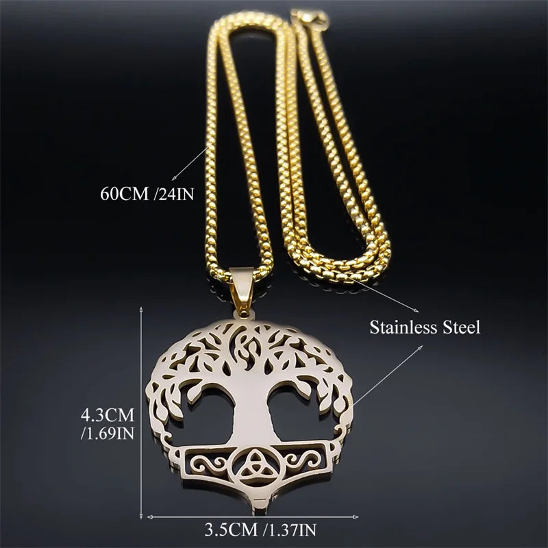 Viking Tree Of Life Celtic Knot Necklace for Women Men Stainless Steel Gold Color Mythology Chain Necklaces Jewelry colar N8071