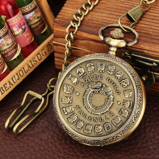 Mexican Maya Aztec Calendar Art Prophecy Culture Gold Bronze Plated Coin Quartz Pocket Watch with 80cm Necklace/38cm Waist Chain