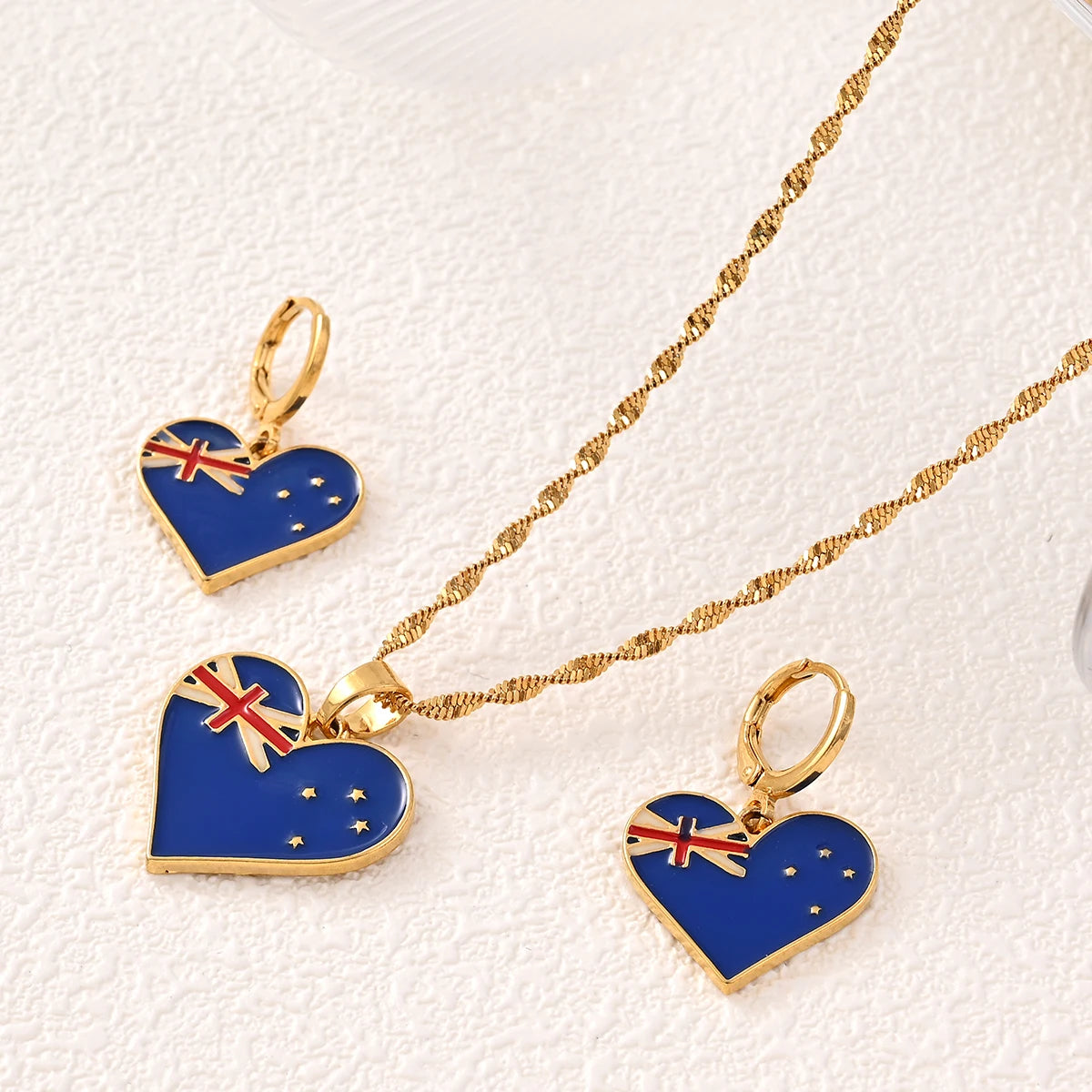 Australia Flag Heart Pendant Necklaces and Earrings for Women Girls,I Love My Country,National Day