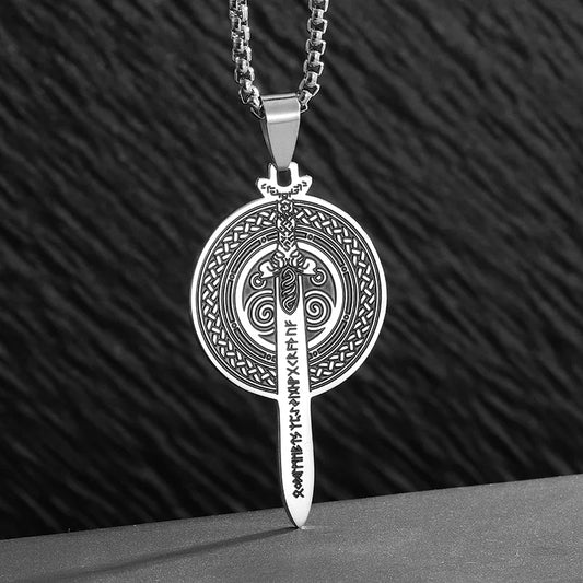 Vintage Norse Mythology Celtic Knot Stainless Steel Disc Samurai Sword Pendant Necklace for Men Fashion Charm Jewelry