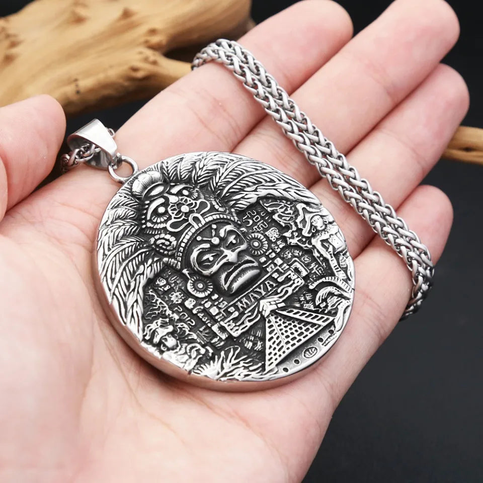 Vintage Mayan Pattern Pendant Necklaces For Men Women 316L Stainless Steel AZTEC CALENDAR Necklace Amulet Jewelry Dropshipping