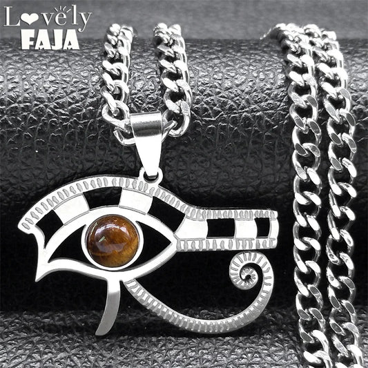 Stainless Steel Tiger Eyes Eye of Horus Necklace for Women Men Vintage Egyptian Pharaoh Necklaces Fashion Jewelry Gifts N9716S03