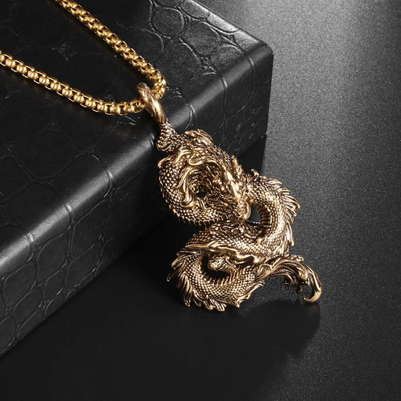 Sacred Vintage Chinese Mythological Dragon Pendant Necklace Men Women Daily Casual Amulet Jewelry Gift Party Display