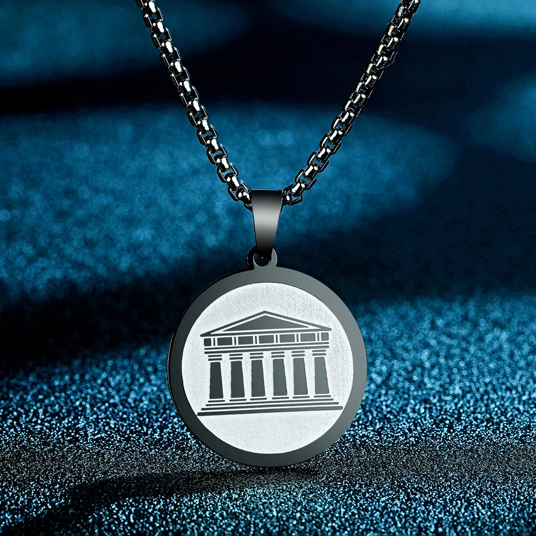 Kinitial Ancient Greece Stainless Steel Greek Acropolis Pendant Necklace For Men Amulet Charm Jewelry Choker