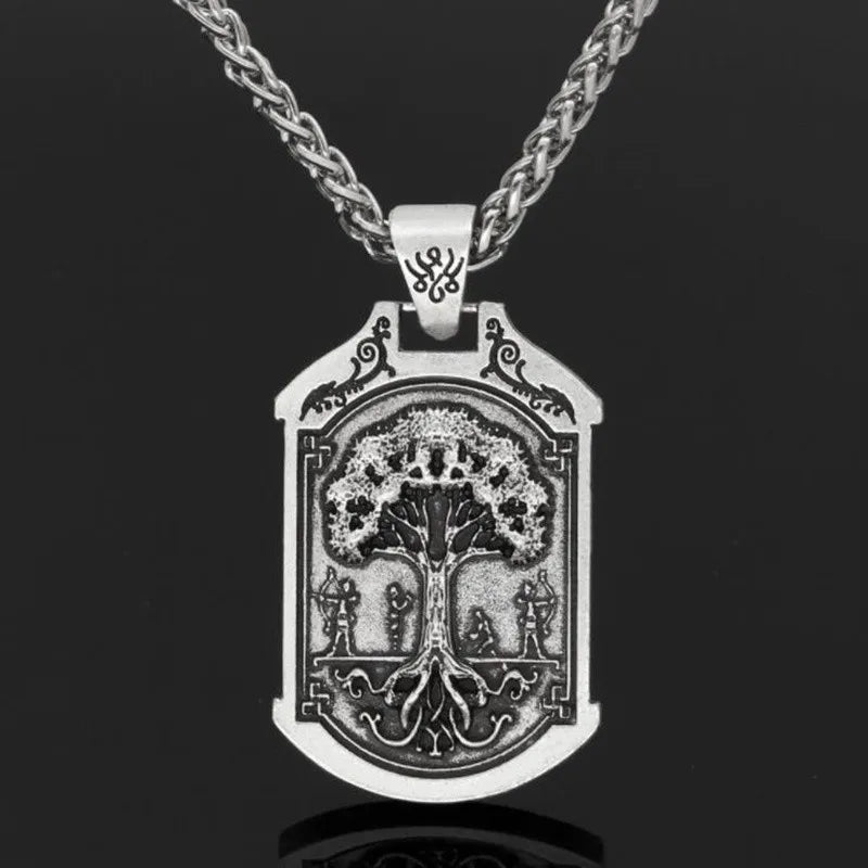 Vintage Viking Celtic Wolf Oding Logo Square Pendant Necklace Men's Nordic Mythological World Tree Animal Totems Talisman Chains