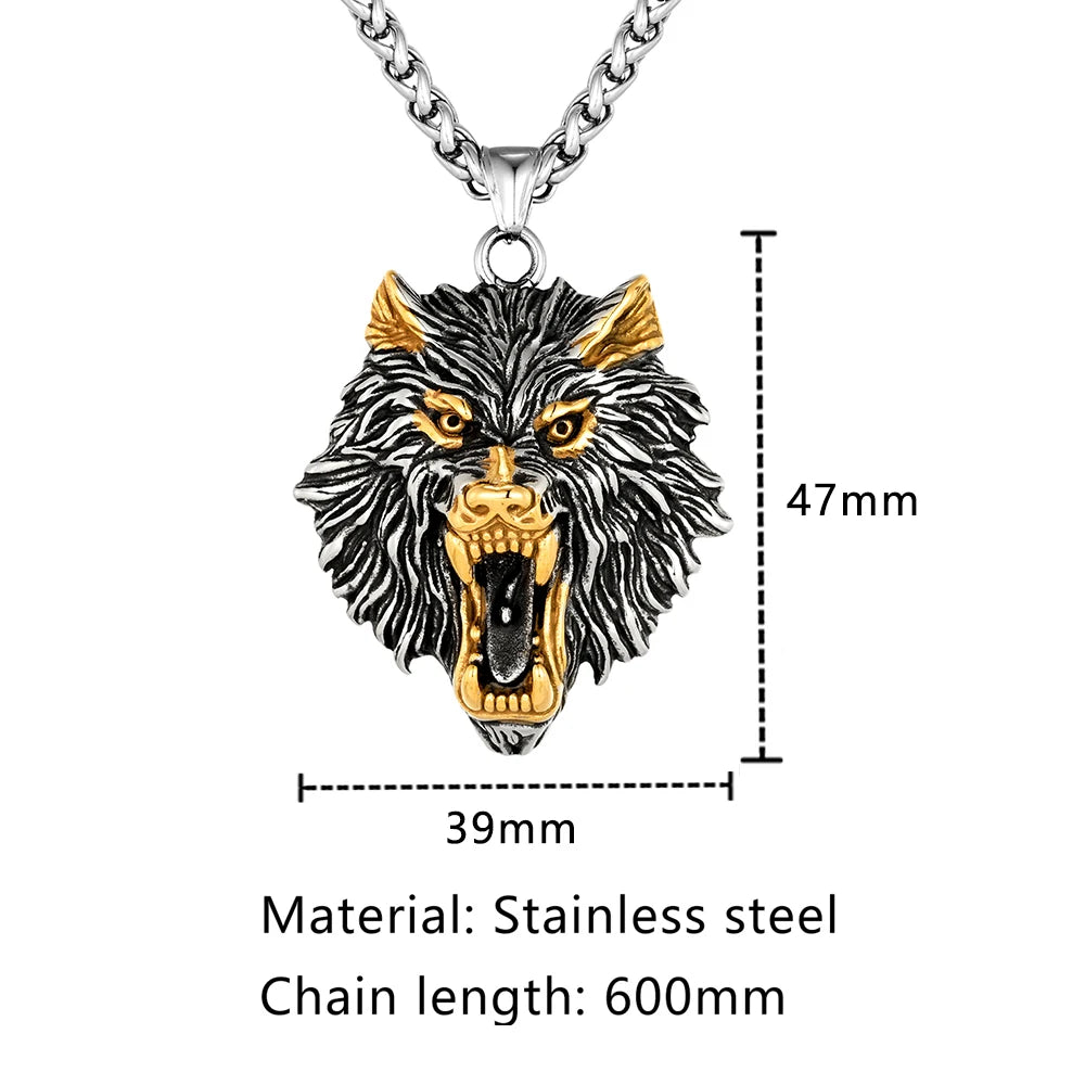 Vintage Norse Runes Odin's Wolf Necklaces Men Punk Stainless Steel Vikings Wolf Head Pendant Amulet Scandinavian Jewelry Gifts