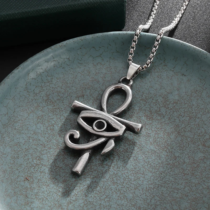 Classic Vintage Style Ankh Symbol Greek Letter T and Eye of Horus Fit Stainless Steel Pendant Necklace Amulet Party Gift Jewelry