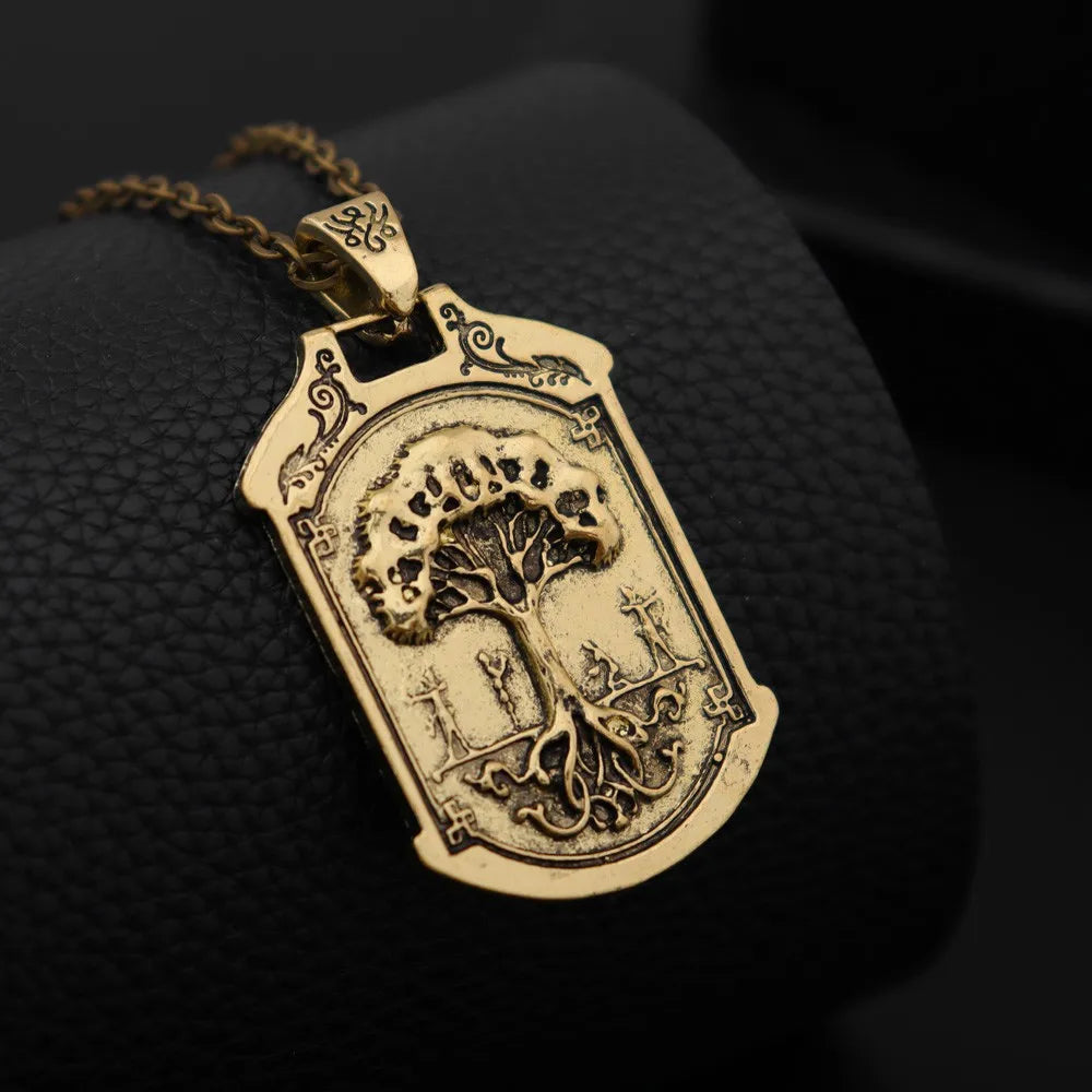 Vintage Viking Celtic Wolf Oding Logo Square Pendant Necklace Men's Nordic Mythological World Tree Animal Totems Talisman Chains